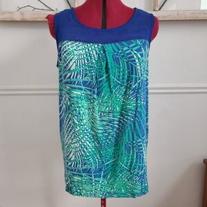 PROMO B2G1F | Blue & Green Tropical Palm Print Sleeveless Tunic Top - Medium